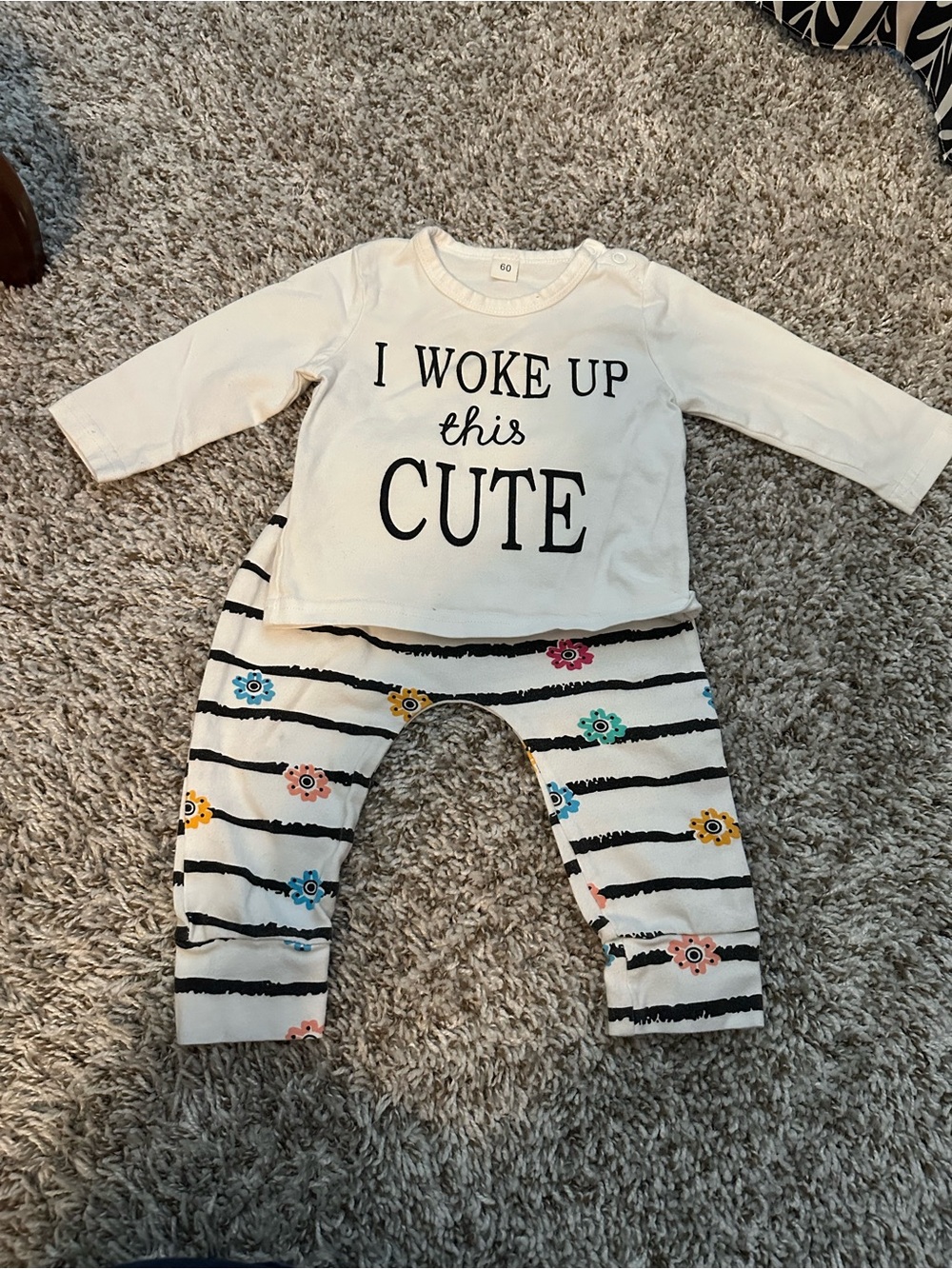 White 'I Woke Up This Cute' Kids Pajama Set with Floral Striped Pants